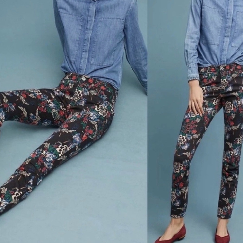 PILCRO AND THE LETTERPRESS Anthropologie Black Floral Mid Rise Skinny Jeans 27